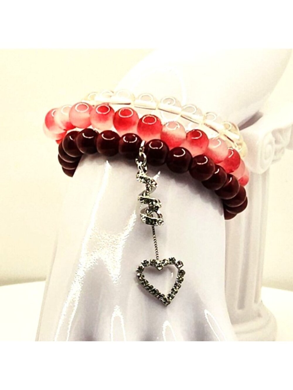 Heart Bracelet Stack, Romantic Beaded Bracelet Set, Red Pink Bracelet, Valentine